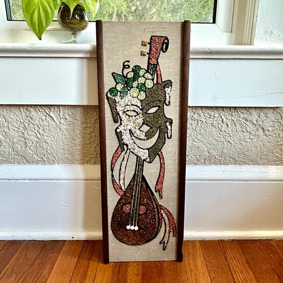 Vintage Mid-Century Gravel Art Wall Hanging – Abstract Musician with Lute - Picture 11 of 16